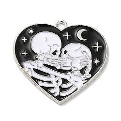 Rack Alloy Enamel Pendants, Heart with Skeleton, Platinum, 27x29x1.5mm, Hole: 1.8mm