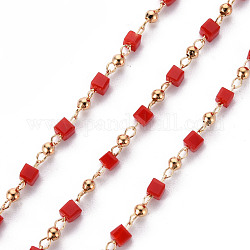 Handgemachte Perlenketten aus Acryl, mit Messing-Zubehör, gelötet, Spule, Viereck, echtes 18k vergoldet, rot, 2.5x2.5x2.5 mm, ca. 16.4 Fuß (5m)/Rolle