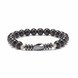 Bracelet extensible en perles de bois naturel et hématite synthétique, bijoux en pierres précieuses pour femmes, noir, diamètre intérieur: 2-1/8 pouce (5.4 cm)