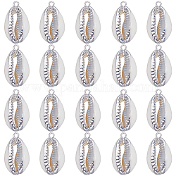 SUNNYCLUE 20Pcs Electroplated Natural Cowrie Shell Pendants, Shell Charm with Iron Findings, Platinum, 18~24x10~14x6~7mm, Hole: 1.5mm