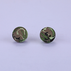 Cuentas focales redondas de silicona impresas, verde oliva, 15x15mm, agujero: 2 mm