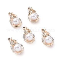 Pendenti strass in lega, con perle di plastica imitazione perla in abs, fascino a goccia, oro chiaro, 27x13.5x10.5mm, Foro: 2.3 mm