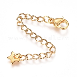 304 Stainless Steel Chain Extender, with Lobster Claw Clasps and Charms, Star, Golden, 65mm, Link: 4x3x0.4mm, Clasp: 9.2x6.2x3.3mm, Charm: 6x6x1mm.