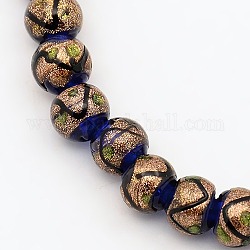 Handmade Gold Sand Lampwork Beads Strands, Round, Blue, 8mm, Hole: 2mm, about 35pcs/strand, 10.1inch