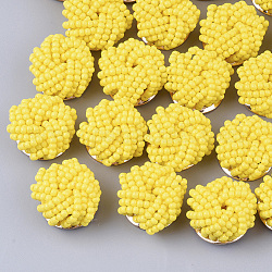Glass Seed Beads Cabochons, Cluster Beads, with Golden Plated Iron Perforated Disc Settings, Flower, Yellow, 19~20x10~12mm