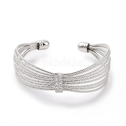 Bracelet manchette ouvert multi-rangs en zircone cubique transparente, bijoux en laiton platine pour femme, platine, diamètre intérieur: 2-1/4 pouce (5.8 cm)
