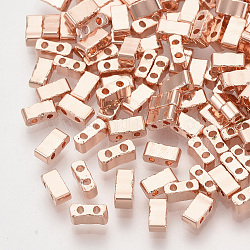 Abalorios de la semilla de cristal electrochapa, 2 agujero, Rectángulo, chapado en oro rosa, 4.5~5.5x2x2~2.5mm, agujero: 0.5~0.8 mm
