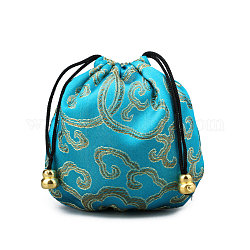 Bolsas de embalaje de joyería de brocado de seda de estilo chino, bolsas de regalo con cordón, patrón de nube auspicioso, turquesa oscuro, 11x11 cm