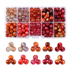 10 estilo pintado con aerosol y banco de dibujo transparente y perlas de vidrio pintadas para hornear, redondo, rojo naranja, 8~9mm, agujero: 1.3~1.6 mm, 207~225 unidades / caja