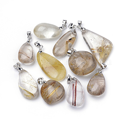 Pendentifs naturelles de quartz rutile, avec les accessoires en laiton, formes mixtes, platine, 24~40x10~25x5~11mm, Trou: 4mm