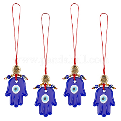 Ahademaker 4 pz decorazioni ciondolo lampwork fatti a mano malocchio, con filo di nylon intrecciato e perline in lega con motivo loto, mano buddha, blu medio, 133mm