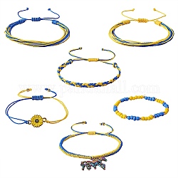 Набор браслетов из вощеного полиэфирного плетеного шнура, плетеные браслеты дружбы, струнные браслеты, стеклянный бисер стрейч браслеты, браслеты с подвесками из сплава лошади и подсолнуха для женщин, желтые, внутренний диаметр: 2-1/8~4-1/2 дюйм (5.5~11.5 см), 6 шт / комплект