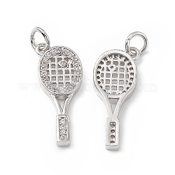 Brass Micro Pave Clear Cubic Zirconia Pendants, with Jump Ring, Tennis Racket Charm, Platinum, 22x8.5x2.5mm, Hole: 3.4mm