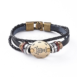 Braided Leather Cord Retro Multi-strand Bracelets, with Wood Beads, Hematite Beads and Alloy Findings, Flat Round,  Antique Bronze, Taurus, 8-1/4 inch(21cm)