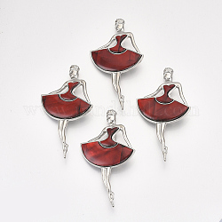 Shell Brooches/Pendants, with Resin Bottom and Alloy Findings, Dancer, Platinum, Red, 79x44x9.5mm, hole: 7x4mm, Pin: 0.7mm