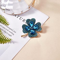 Cubic Zirconia Clover Brooch Pin, Golden Alloy Badge for Backpack Clothes, Deep Sky Blue, 42x50mm