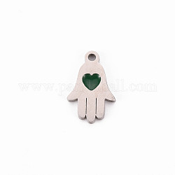 304 Stainless Steel Enamel Charms, Stainless Steel Color, Hamsa Hand/Hand of Miriam, Dark Green, 15x9.5x1mm, Hole: 1.5mm