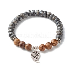Bracelet extensible en perles de bois de labradorite naturelle et de wengé reiki, bracelet à breloques en alliage de feuille pour fille femme, diamètre intérieur: 2-1/8 pouce (5.3 cm)