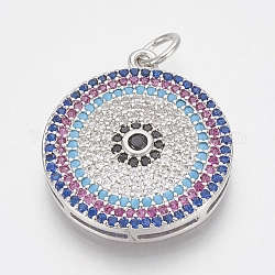 Brass Micro Pave Cubic Zirconia Pendants, with Jump Rings, Flat Round, Colorful, Platinum, 21x18.5x3.5mm, Hole: 3mm