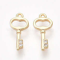 Brass Cubic Zirconia Charms, Key, Nickel Free, Real 18K Gold Plated, Clear, 11x5x1mm, Hole: 0.6mm
