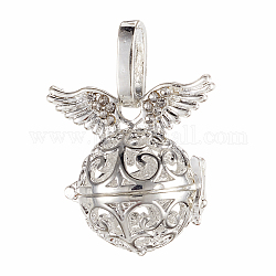 Brass Cage Pendants, For Chime Ball Pendant Necklaces Making, Cadmium Free & Nickel Free & Lead Free, Hollow Round with Wing, Silver Color Plated, 23x23x16mm, Hole: 4x9.5mm, Inner Diameter: 12mm