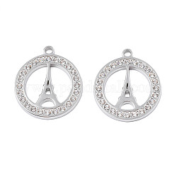 Colgantes de 304 acero inoxidable, con rhinestone de cristal, anillo con la torre Eiffel, color acero inoxidable, 26x22.5x2mm, agujero: 2 mm