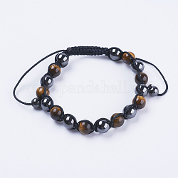 Verstellbare Nylonschnur geflochtenen Perlen Armbänder, mit magnetischen synthetischen Hämatit & natürlichen Tigerauge runden Perlen, Gelb, 2 Zoll (50 mm)
