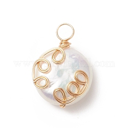 Ciondoli di perle keshi con perle barocche naturali, con filo di rame avvolto, piatta fascino rotondo, oro, 19.5x13x5.7mm, Foro: 3.5 mm