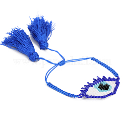 Pulsera de cuentas trenzadas de semillas de vidrio con doble borla, pulsera de amistad mal de ojo para mujer, azul real, 11 pulgada (28 cm)