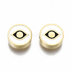 Perles en 304 acier inoxydable, Coupe au laser, avec l'émail, blanc, plat rond avec des yeux, or, 9.5x3mm, Trou: 2mm