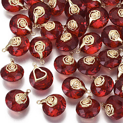 Valentinstag Glasanhänger, mit leicht vergoldeten Messing-Eispickeln, facettiert, flach rund mit Rose & Herz, rot, 17~18x14x10 mm, Bohrung: 1.2 mm