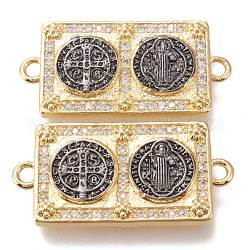 Латунные соединители с прозрачным кубическим цирконием, долговечный, религия, прямоугольник с крестом и богиней, металлический черный & золотой, 32.5x16x3 мм, отверстие : 2.3 мм