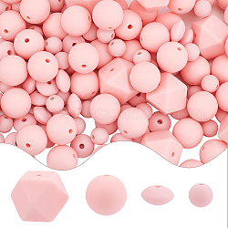Sunnyclue 160pcs 4 perles de silicone écologiques de qualité alimentaire, bébé mâcher la dentition, rond & rondelle & hexagone, rose, 8.5~17mm, Trou: 2~2.5mm