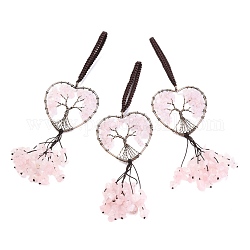Обернутые проволокой чипсы натуральный розовый кварц большие подвесные украшения, с красной медью латунной проволокой и нейлоновым шнуром, сердце с дерева жизни, 160 мм
