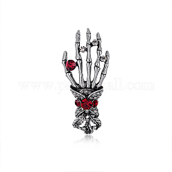 Halloween Theme Rhinestone Skull Hand Brooch Pin, Alloy Badge for Backpack Clothes, Antique Silver, 48x22mm