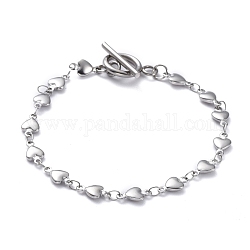 304 Stainless Steel Heart Link Chain Bracelets, with Steel Toggle Clasps, Stainless Steel Color, 7-1/2 inch(19cm)