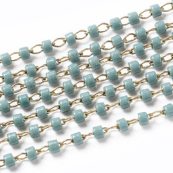 Handmade Glass Beaded Chains, Soldered, with Raw(Unplated) Nickel Free Brass Findings, with Spool, Cadet Blue, 1~2x0.9~1.5mm, about 32.8 Feet(10m)/roll