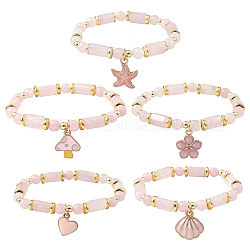 Naturel rose de bracelets de perles de quartz, bracelets à pendentif en alliage d'émail pour femmes, étoile de mer/champignon/coquille/fleur/cœur, formes mixtes, 1/4 pouce (0.6 cm), diamètre intérieur: 2 pouce (5.2 cm)
