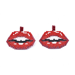 Ciondoli di perline fatte a mano, con filo elastico, modello telaio, labbro, rosso, 32~33x40x1.5mm, Foro: 4 mm