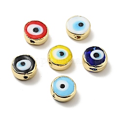 Handmade Evil Eye Lampwork Beads, with Brass Findings, Flat Round, Mixed Color, 11.5x6mm, Hole: 1.6mm