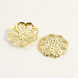 10mm Golden Flower Brass Bead Caps, Lead Free and Cadmium Free, about 10mm in diameter, 2mm high, hole: 2mm