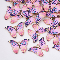 Pendenti della lega stampati, con smalto, farfalla, oro chiaro, perla rosa, 15.5x22x2mm, Foro: 1.8 mm