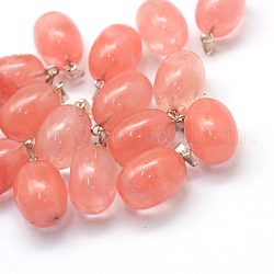 Oval Dyed Cherry Quartz Glass Pendants, with Platinum Tone Brass Findings, 21~22x12~14mm, Hole: 2x7mm