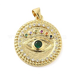 Real 18K Gold Plated Brass Clear Cubic Zirconia Pendants, with Glass, Flat Round with Evil Eye, Colorful, 24x21x3mm, Hole: 5x3.5mm