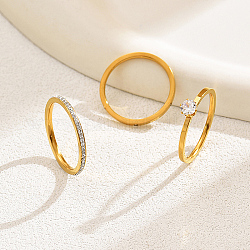 3 Uds. Conjunto de anillos de dedo finos simples de acero inoxidable de 3 estilos, anillos apilables de circonita cúbica, real 18k chapado en oro, nosotros tamaño 7 (17.3 mm), 1pc / estilo