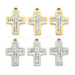 201 Stainless Steel Pendants, with Polymer Clay Crystal Rhinestone, for Religion, Cross, Mixed Color, 19x13x2~3mm, Hole: 1.6mm