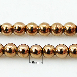 Chapelets de perles en hématite synthétique sans magnétiques, ronde, plaquée de cuivre rouge, 6mm, Environ 69 pcs/chapelet, 16 pouce
