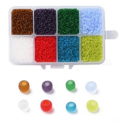 200g 8 Farben 12/0 Grad a runde Glasperlen, transparenter mattierter Stil, Mischfarbe, 2x1.5 mm, Bohrung: 0.3 mm, 25 g / Farbe, ca. 13300 Stk. / Kasten