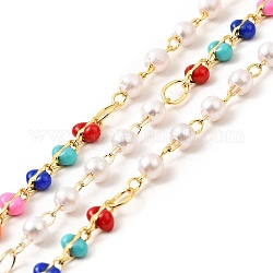 Enamel & Glass Pearl Beaded Chains, with Real 18K Gold Plated Brass Findings, Soldered, with Spools , Colorful, 5x3x2mm, 4.5x3mm