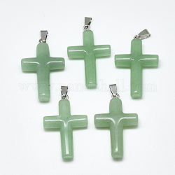 Natural Green Aventurine Pendants, with Stainless Steel Snap On Bails, Cross, Stainless Steel Color, 44~46x28x8mm, Hole: 3~4x7~8.5mm